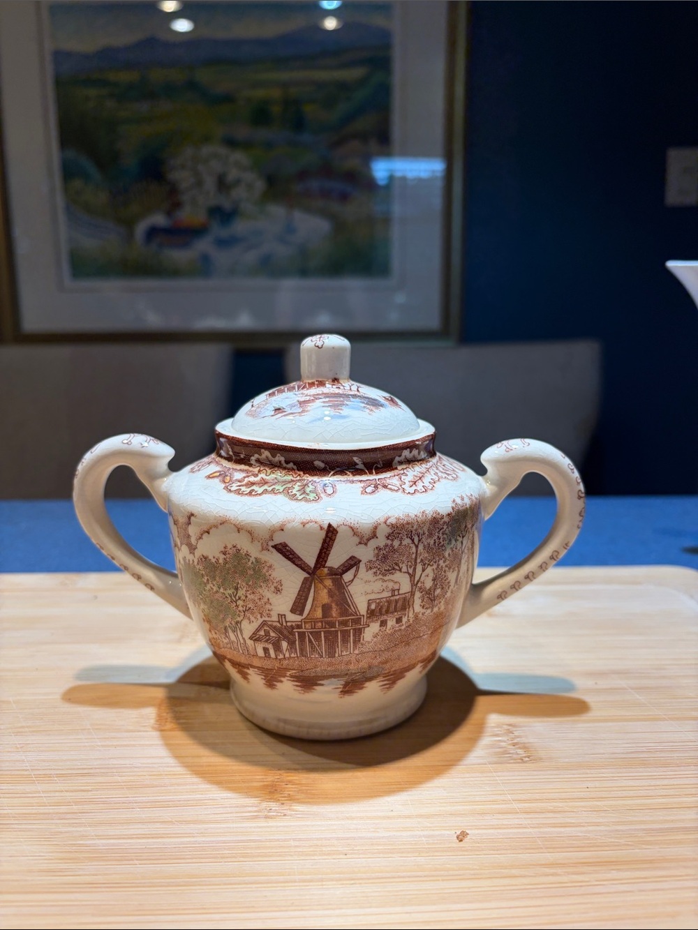 Classic Two-Handled Lidded Sugar Bowl in Brown Scenic Pattern